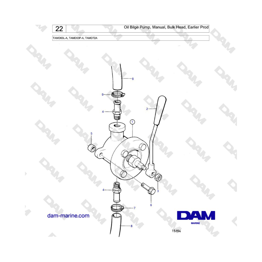 Volvo Penta TAMD63L-A, TAMD63P-A, TAMD72A - Oil Bilge Pump, Manual, Bulk Head, Earlier Prod