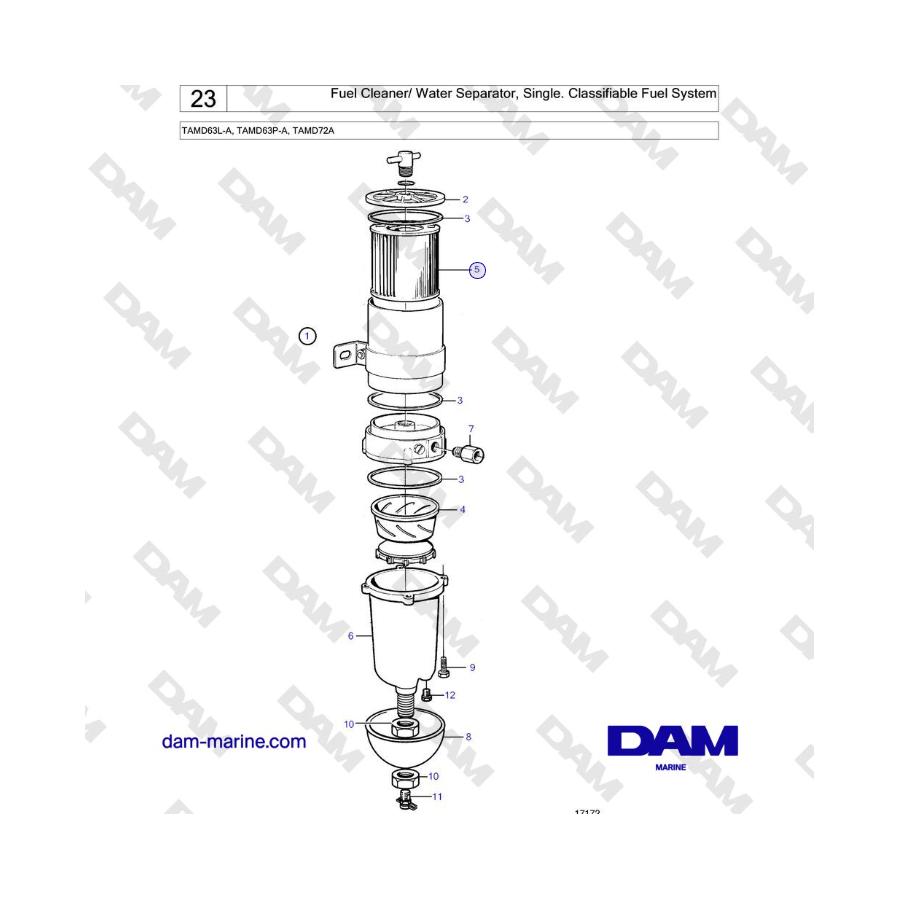 Volvo Penta TAMD63L-A, TAMD63P-A, TAMD72A - Fuel Cleaner/ Water Separator, Single. Classifiable Fuel System