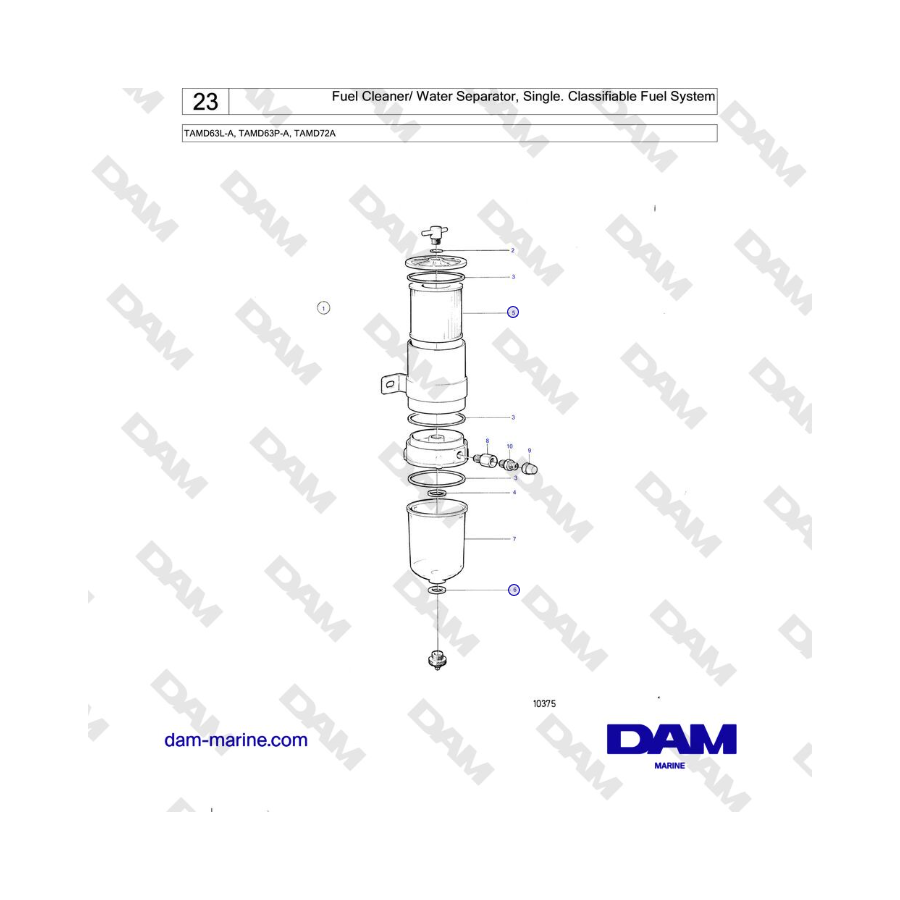 Volvo Penta TAMD63L-A, TAMD63P-A, TAMD72A - Fuel Cleaner/ Water Separator, Single. Classifiable Fuel System