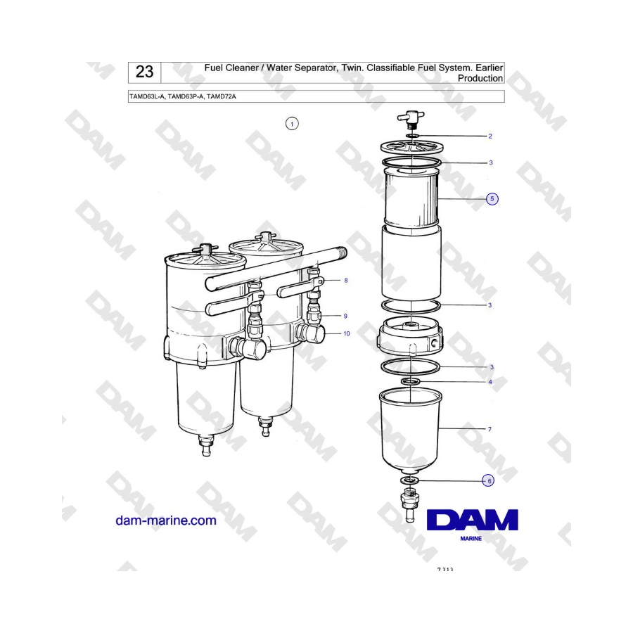 Volvo Penta TAMD63L-A, TAMD63P-A, TAMD72A - Fuel Cleaner / Water Separator, Twin. Classifiable Fuel System. Earlier Production