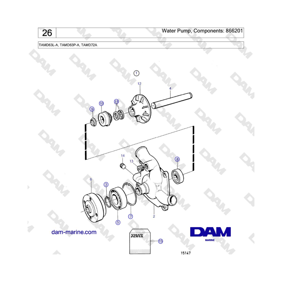 Volvo Penta TAMD63L-A, TAMD63P-A, TAMD72A - Water Pump, Components: 866201