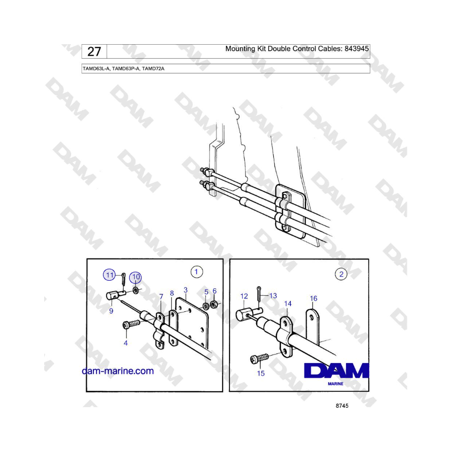 Volvo Penta TAMD63L-A, TAMD63P-A, TAMD72A - Mounting Kit Double Control Cables: 843945