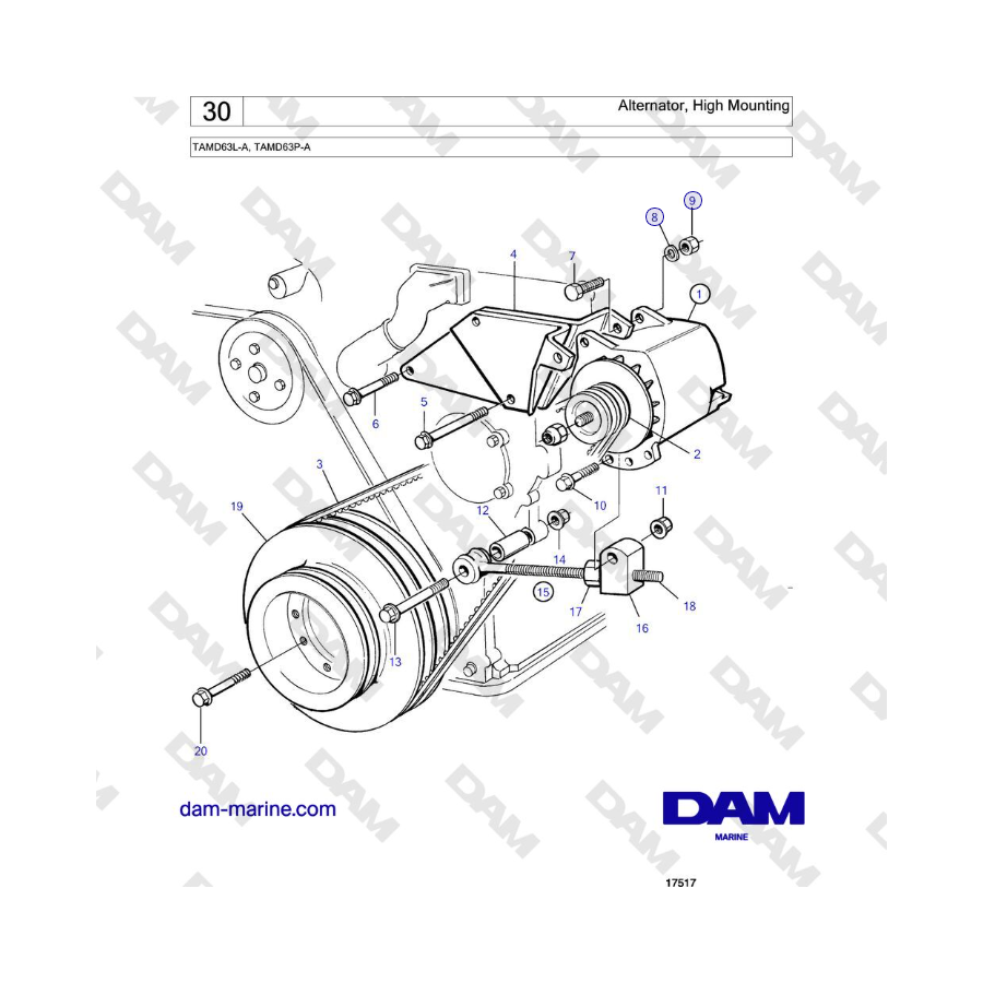 Volvo Penta TAMD63L-A, TAMD63P-A - Alternator, High Mounting