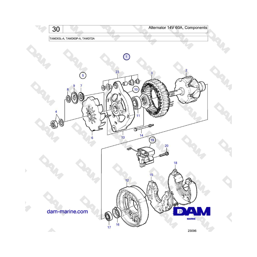 Volvo Penta TAMD63L-A, TAMD63P-A, TAMD72A - Alternator 14V 60A, Components