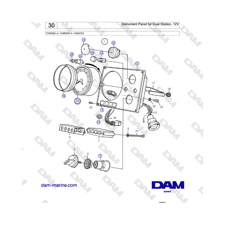 Volvo Penta TAMD63L-A, TAMD63P-A, TAMD72A - Instrument Panel for Dual Station, 12V