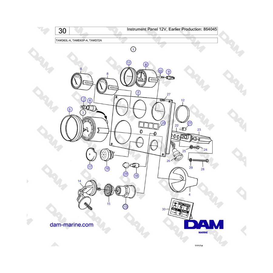 Volvo Penta TAMD63L-A, TAMD63P-A, TAMD72A - Instrument Panel 12V, Earlier Production: 864045