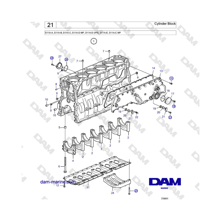 Volvo Penta D11A-A, D11A-B, D11A-C, D11A-D MP, D11A-D (IPS), D11A-E, D11A-C MP - Cylinder Block