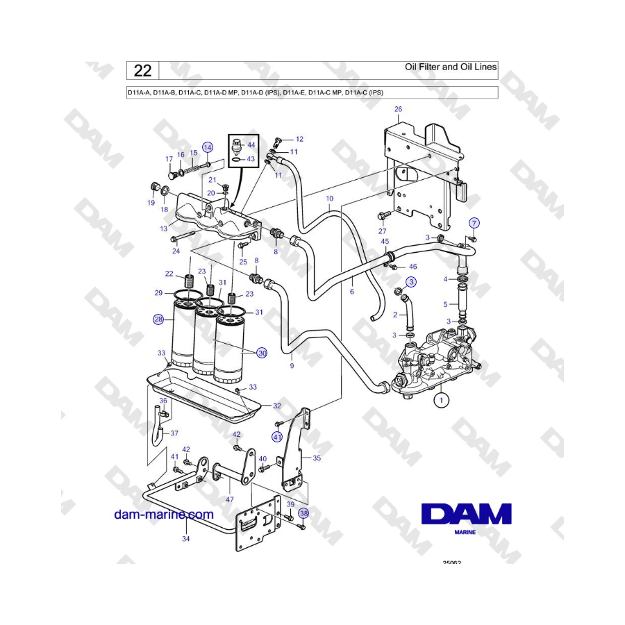 Volvo Penta D11A-A, D11A-B, D11A-C, D11A-D MP, D11A-D (IPS), D11A-E, D11A-C MP, D11A-C (IPS) - Oil Filter and Oil Lines 