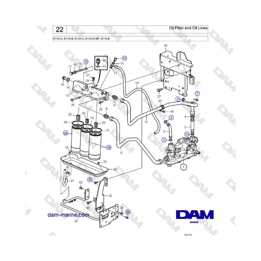 Volvo Penta D11A-A, D11A-B, D11A-C, D11A-D MP, D11A-E  - Oil Filter and Oil Lines