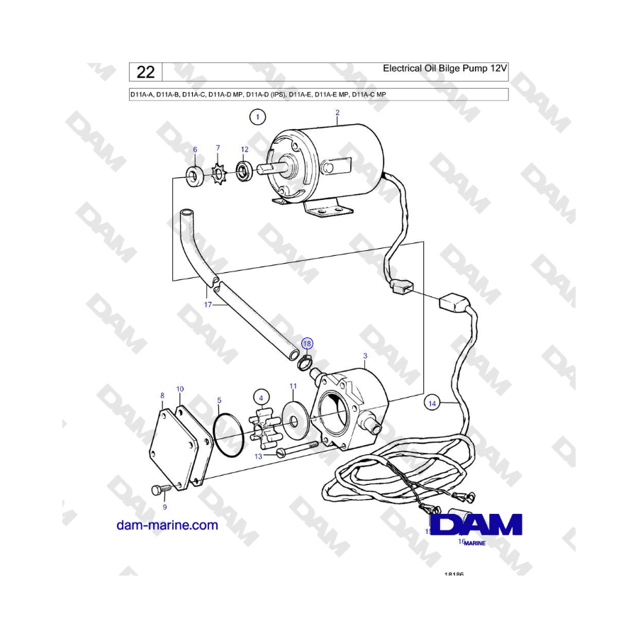 Volvo Penta D11A-A, D11A-B, D11A-C, D11A-D MP, D11A-D (IPS), D11A-E, D11A-E MP, D11A-C MP - Electrical Oil Bilge Pump 12V 