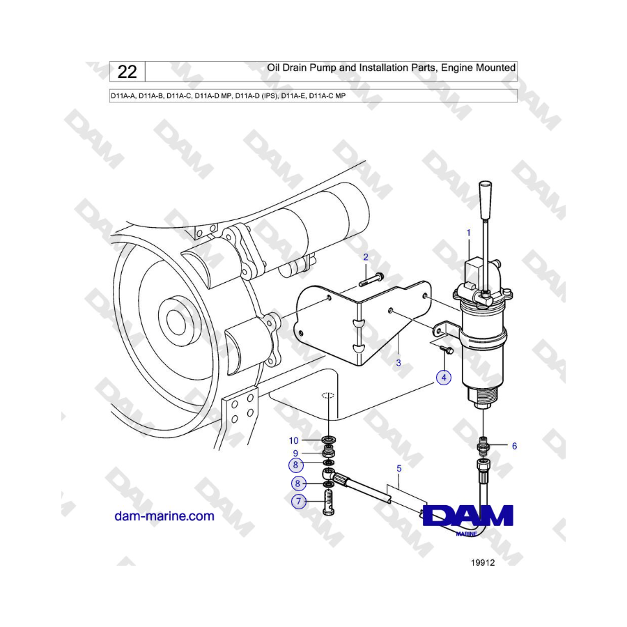 Volvo Penta D11A-A, D11A-B, D11A-C, D11A-D MP, D11A-D (IPS), D11A-E, D11A-C MP - Oil Drain Pump and Installation Parts