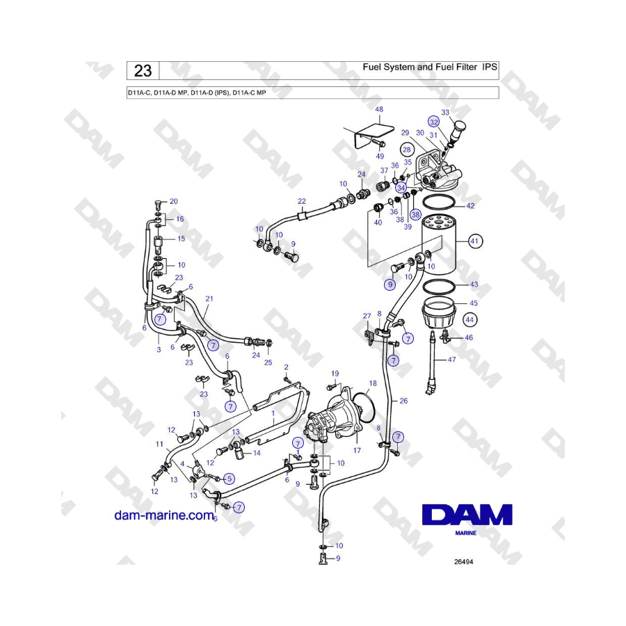 Volvo Penta D11A-C, D11A-D MP, D11A-D (IPS), D11A-C MP - Fuel System and Fuel Filter IPS