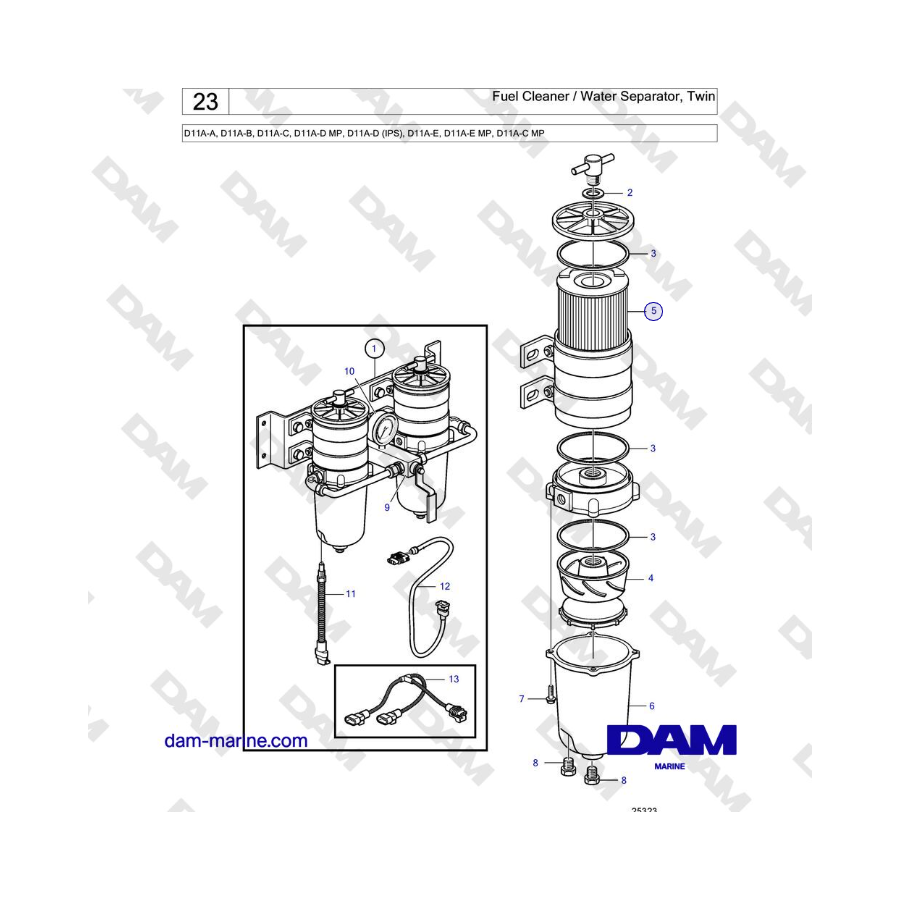 Volvo Penta D11A-A, D11A-B, D11A-C, D11A-D MP, D11A-D (IPS), D11A-E, D11A-E MP, D11A-C MP - Fuel Cleaner / Water Separator, Twin