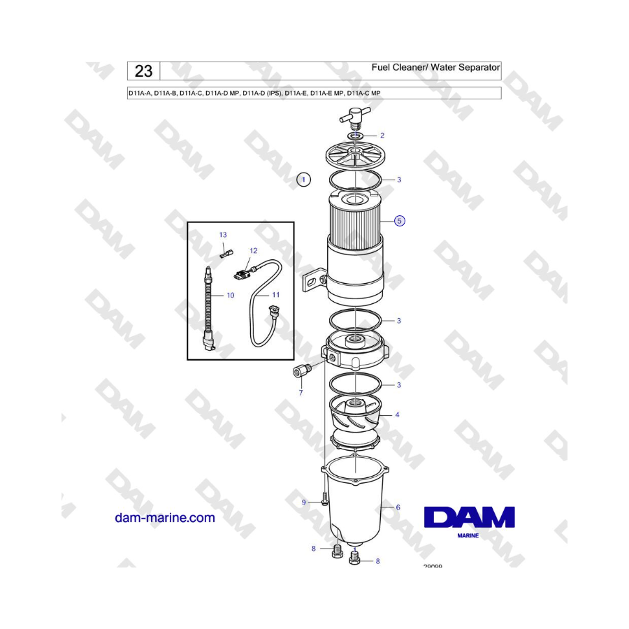 Volvo Penta D11A-A, D11A-B, D11A-C, D11A-D MP, D11A-D (IPS), D11A-E, D11A-E MP, D11A-C MP - Fuel Cleaner/ Water Separator