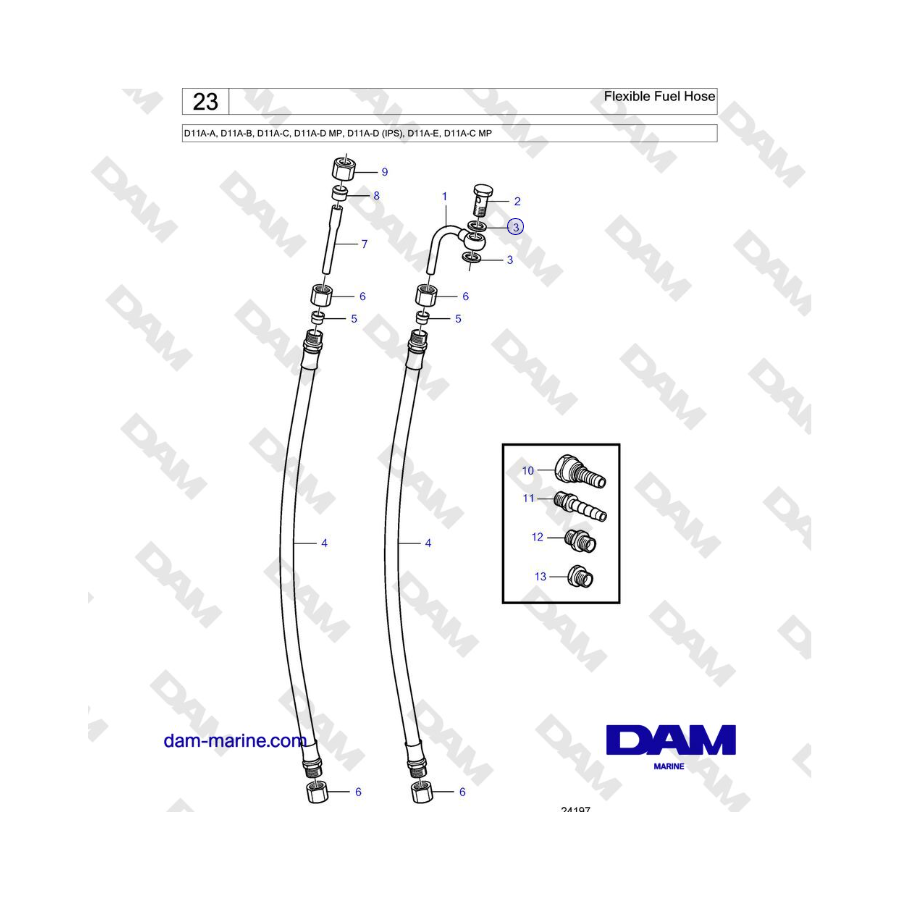 Volvo Penta D11A-A, D11A-B, D11A-C, D11A-D MP, D11A-D (IPS), D11A-E, D11A-C MP - Flexible Fuel Hose