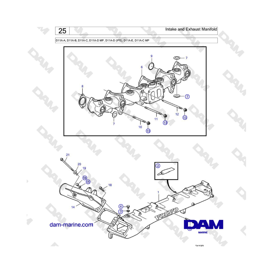 Volvo Penta D11A-A, D11A-B, D11A-C, D11A-D MP, D11A-D (IPS), D11A-E, D11A-C MP - Intake and Exhaust Manifold