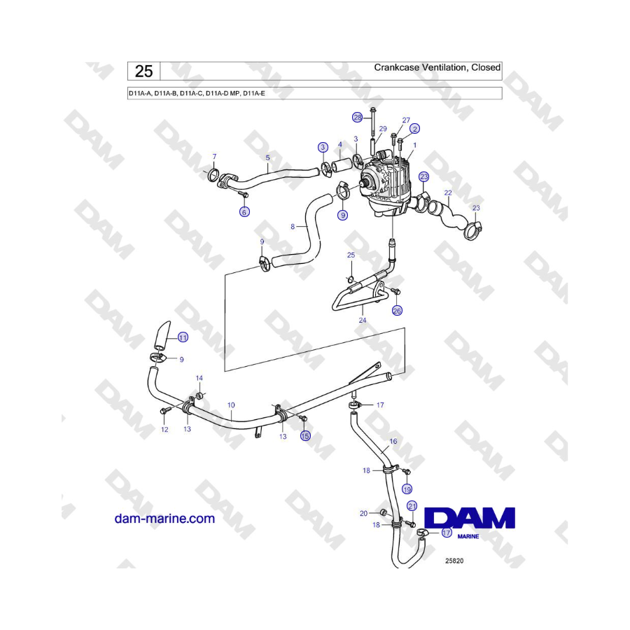 Volvo Penta D11A-A, D11A-B, D11A-C, D11A-D MP, D11A-E - Crankcase Ventilation, Closed