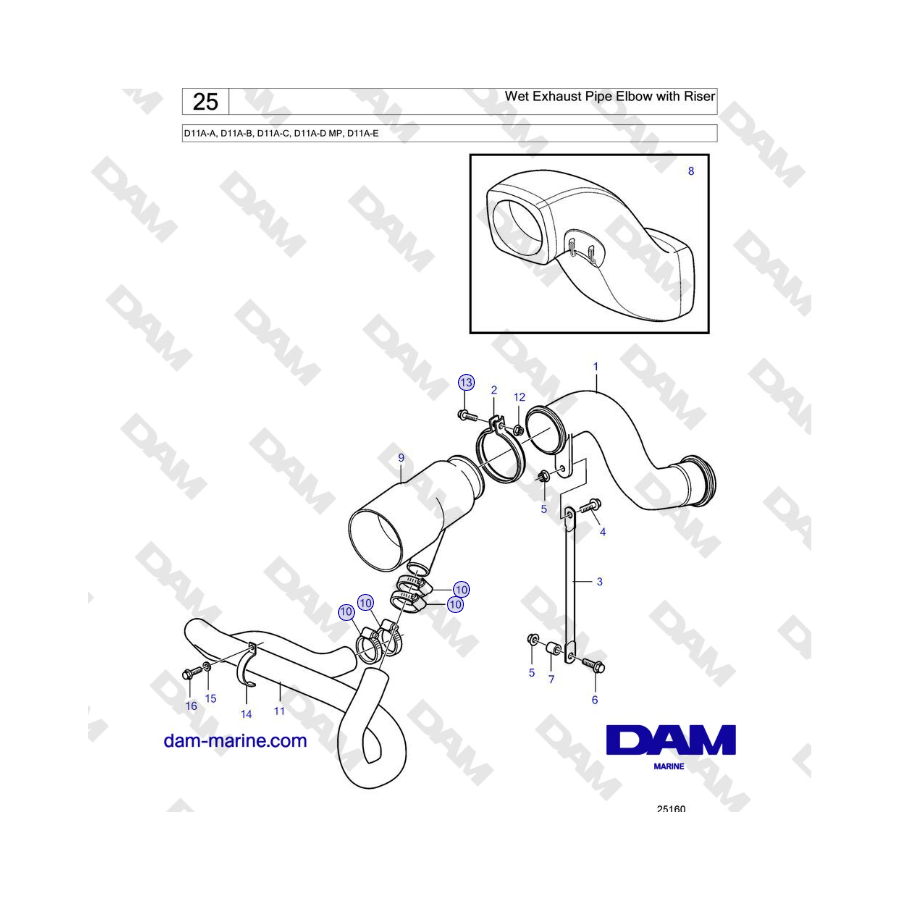 Volvo Penta D11A-A, D11A-B, D11A-C, D11A-D MP, D11A-E - Wet Exhaust Pipe Elbow with Riser