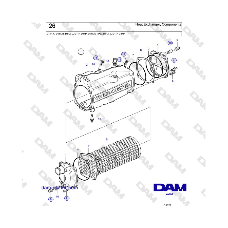 Volvo Penta D11A-A, D11A-B, D11A-C, D11A-D MP, D11A-D (IPS), D11A-E, D11A-C MP - Heat Exchanger, Components