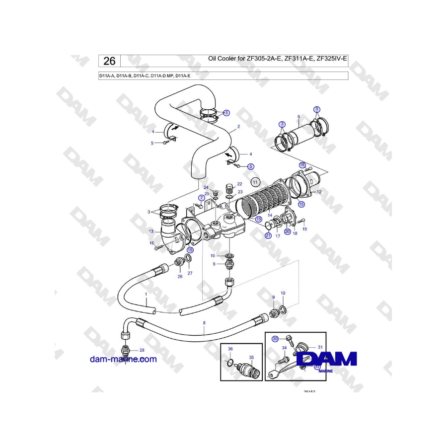 Volvo Penta D11A-A, D11A-B, D11A-C, D11A-D MP, D11A-E - Oil Cooler for ZF305-2A-E, ZF311A-E, ZF325IV-E