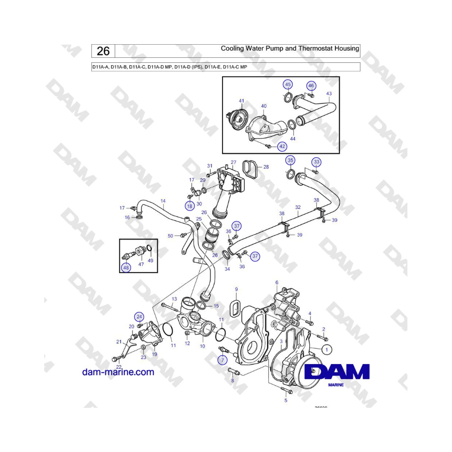 Volvo Penta D11A-A, D11A-B, D11A-C, D11A-D MP, D11A-D (IPS), D11A-E, D11A-C MP - Cooling Water Pump and Thermostat Housing