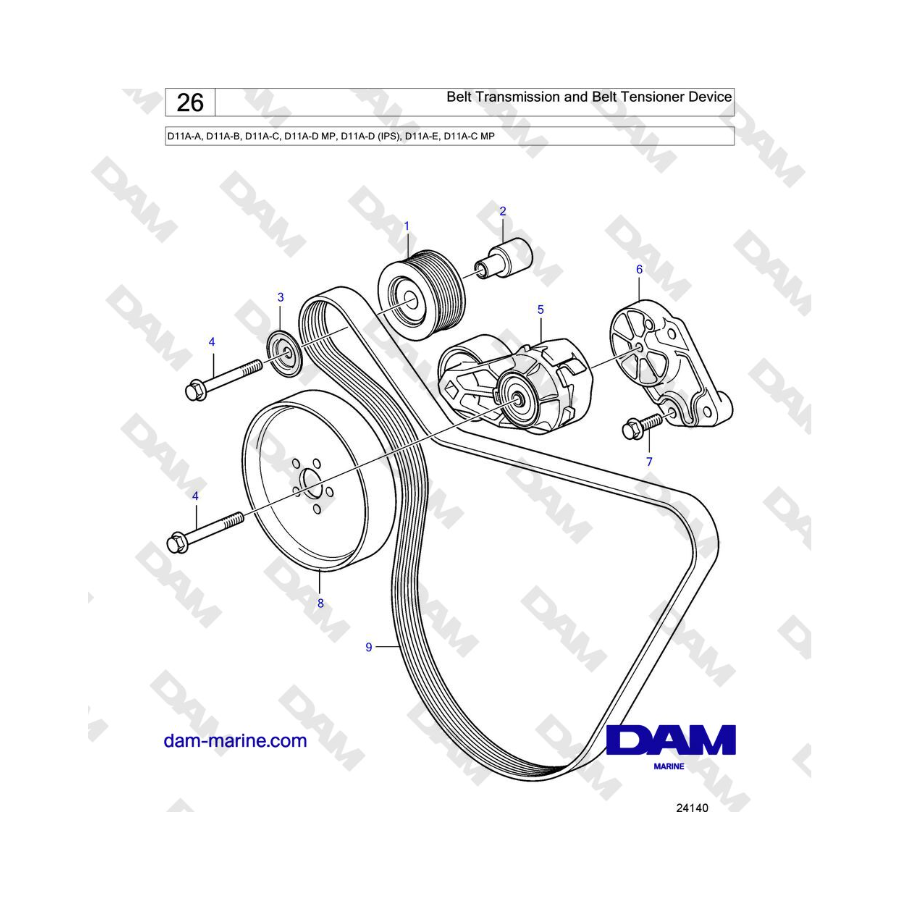 Volvo Penta D11A-A, D11A-B, D11A-C, D11A-D MP, D11A-D (IPS), D11A-E, D11A-C MP - Belt Transmission and Belt Tensioner Device