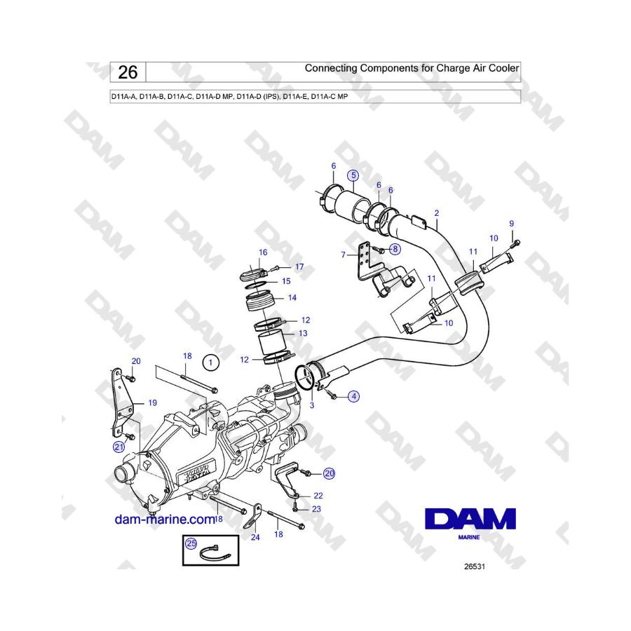 Volvo Penta D11A-A, D11A-B, D11A-C, D11A-D MP, D11A-D (IPS), D11A-E, D11A-C MP - Connecting Components for Charge Air Cooler