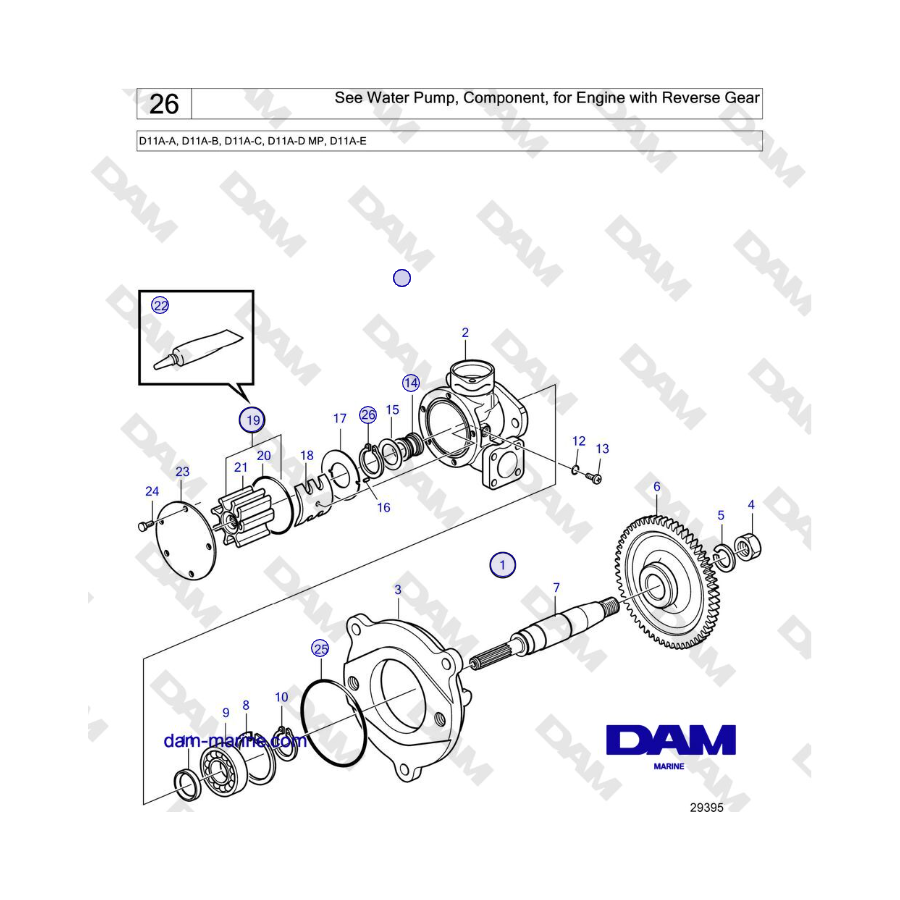 Volvo Penta D11A-A, D11A-B, D11A-C, D11A-D MP, D11A-E - See Water Pump, Component, for Engine with Reverse Gear