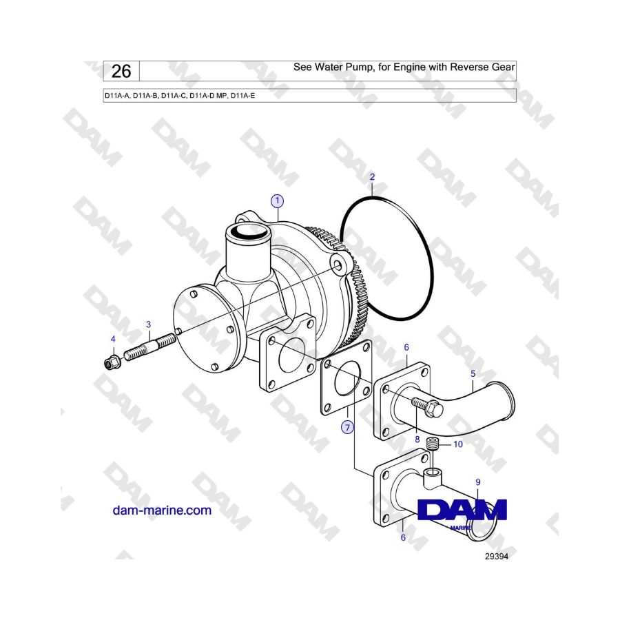 Volvo Penta D11A-A, D11A-B, D11A-C, D11A-D MP, D11A-E - See Water Pump, for Engine with Reverse Gear