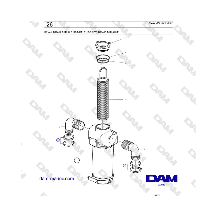 Volvo Penta D11A-A, D11A-B, D11A-C, D11A-D MP, D11A-D (IPS), D11A-E, D11A-C MP - Sea Water Filter