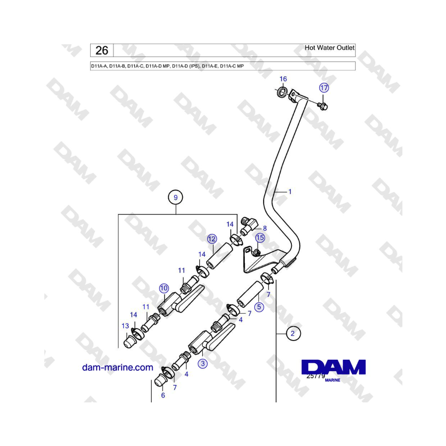 Volvo Penta D11A-A, D11A-B, D11A-C, D11A-D MP, D11A-D (IPS), D11A-E, D11A-C MP - Hot Water Outlet