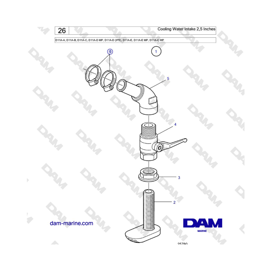 Volvo Penta D11A-A, D11A-B, D11A-C, D11A-D MP, D11A-D (IPS), D11A-E, D11A-E MP, D11A-C MP - Cooling Water Intake 2,5 Inches