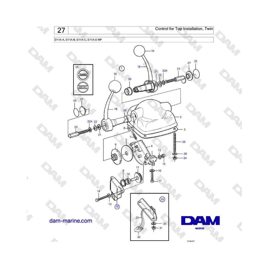 Volvo Penta D11A-A, D11A-B, D11A-C, D11A-D MP - Control for Top Installation, Twin 