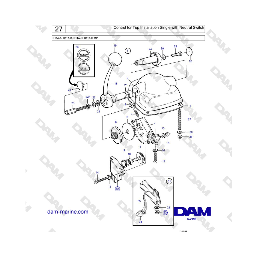 Volvo Penta D11A-A, D11A-B, D11A-C, D11A-D MP - Control for Top Installation Single with Neutral Switch