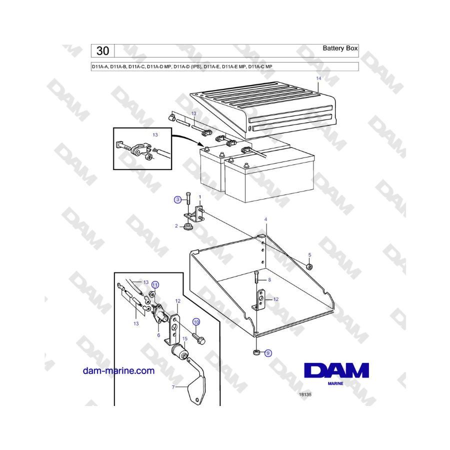 Volvo Penta D11A-A, D11A-B, D11A-C, D11A-D MP, D11A-D (IPS), D11A-E, D11A-E MP, D11A-C MP - Battery Box