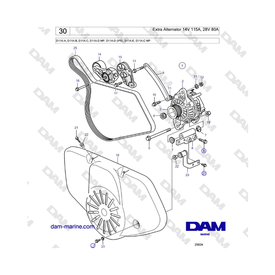 Volvo Penta D11A-A, D11A-B, D11A-C, D11A-D MP, D11A-D (IPS), D11A-E, D11A-C MP - Extra Alternator 14V 115A, 28V 80A