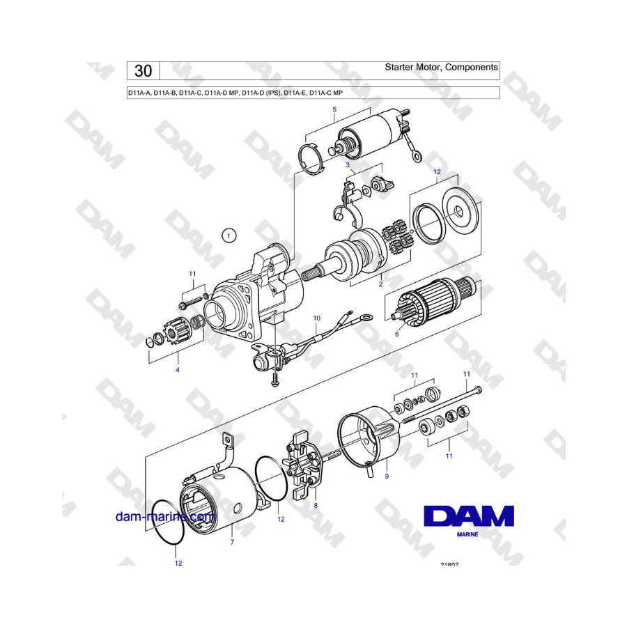 Volvo Penta D11A-A, D11A-B, D11A-C, D11A-D MP, D11A-D (IPS), D11A-E, D11A-C MP - Starter Motor, Components