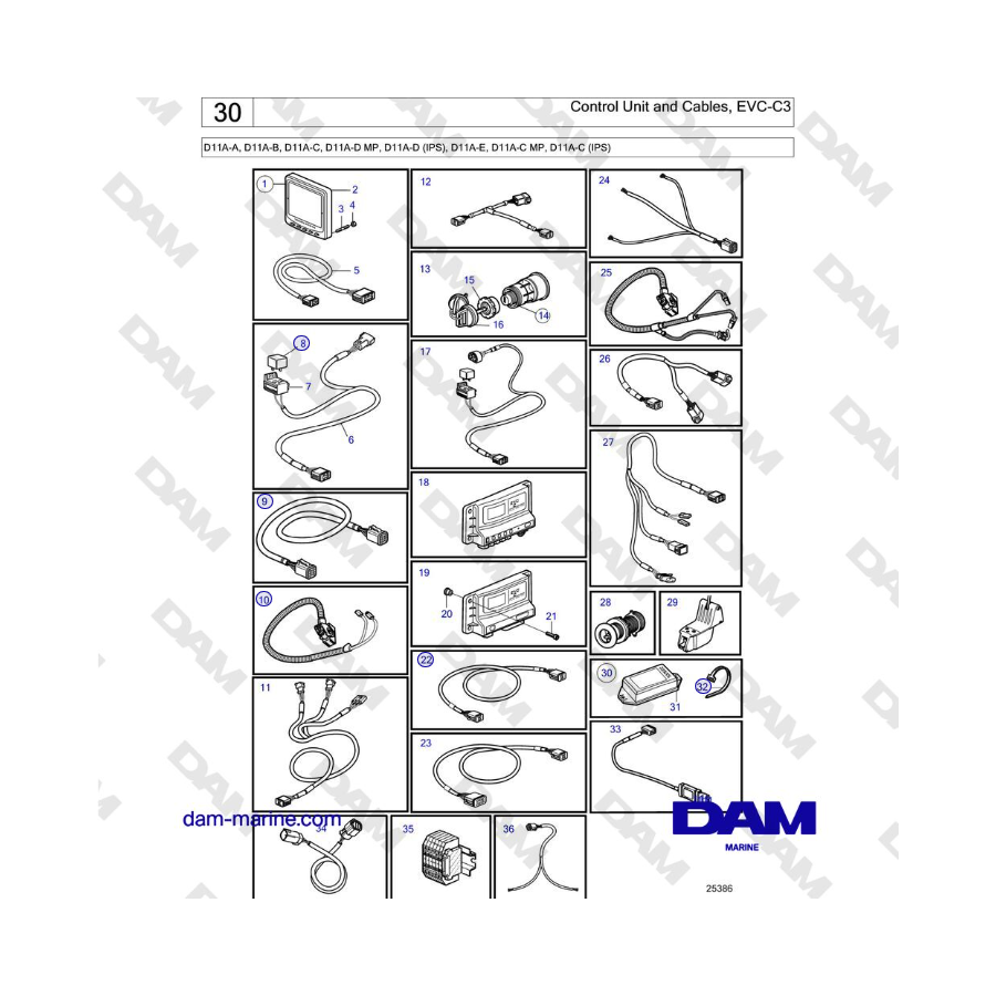 Volvo Penta D11A-A, D11A-B, D11A-C, D11A-D MP, D11A-D (IPS), D11A-E, D11A-C MP, D11A-C (IPS) - Control Unit and Cables, EVC-C3