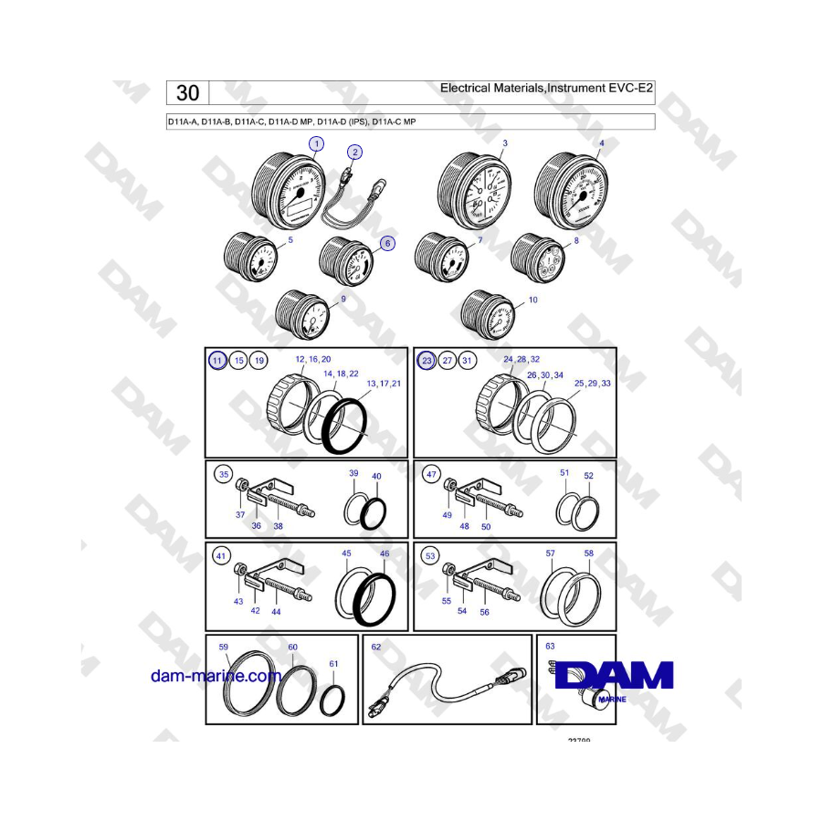 Volvo Penta D11A-A, D11A-B, D11A-C, D11A-D MP, D11A-D (IPS), D11A-C MP - Electrical Materials,Instrument EVC-E2