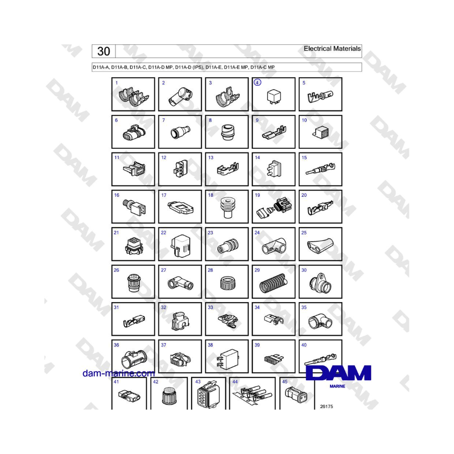 Volvo Penta D11A-A, D11A-B, D11A-C, D11A-D MP, D11A-D (IPS), D11A-E, D11A-E MP, D11A-C MP - Electrical Materials