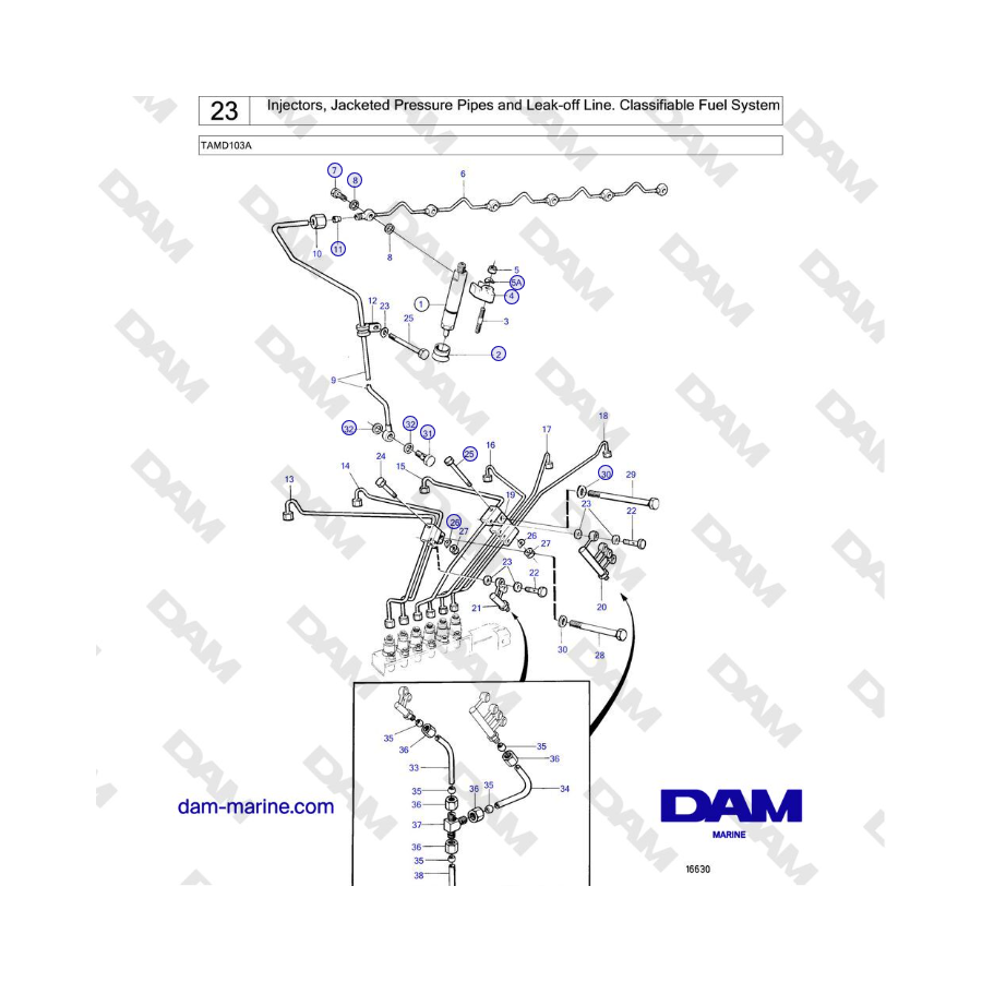 Volvo Penta TAMD103A - Injectors, Jacketed Pressure Pipes and Leak-off Line. Classifiable Fuel System