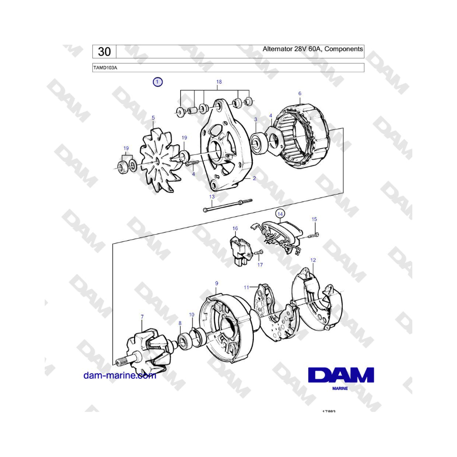 Volvo Penta TAMD103A - Alternator 28V 60A, Components