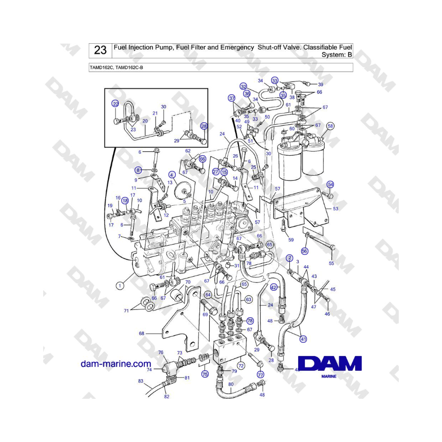 Volvo Penta TAMD162C, TAMD162C-B - Fuel Injection Pump, Fuel Filter and Emergency Shut-off Valve. Classifiable Fuel System: B