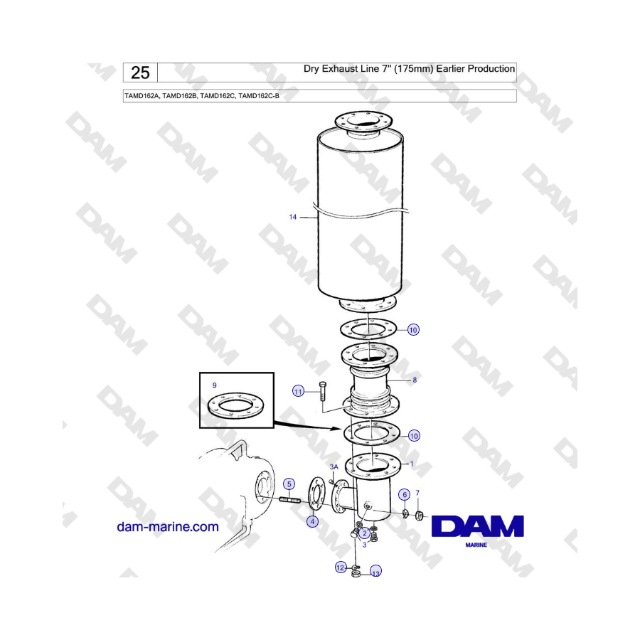 Volvo Penta TAMD162A, TAMD162B, TAMD162C, TAMD162C-B - Dry Exhaust Line 7'' (175mm) Earlier Production