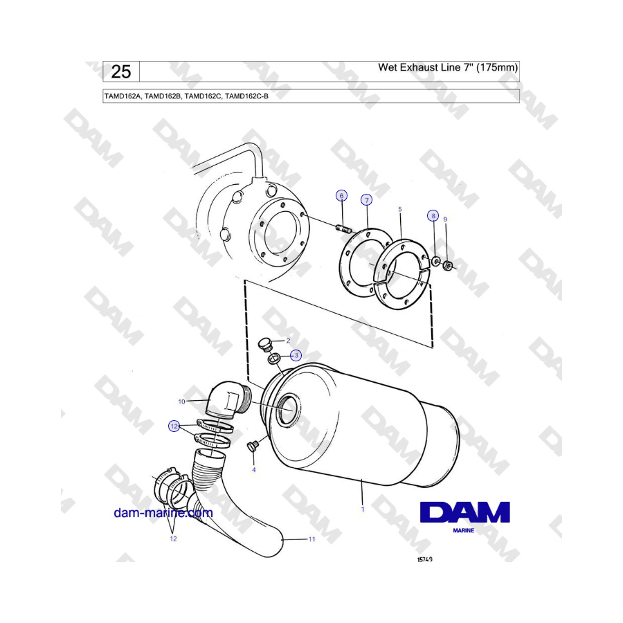 Volvo Penta TAMD162A, TAMD162B, TAMD162C, TAMD162C-B - Wet Exhaust Line 7'' (175mm)