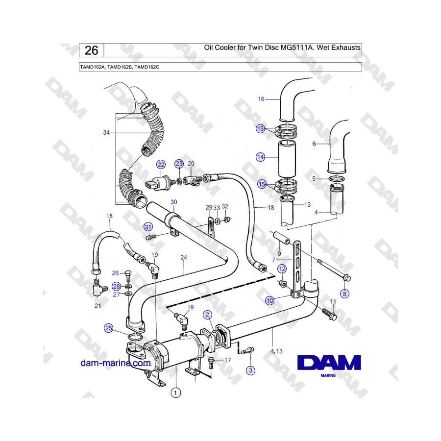 Volvo Penta TAMD162A, TAMD162B, TAMD162C - Oil Cooler for Twin Disc MG5111A. Wet Exhausts 