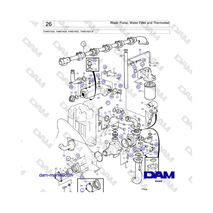 Volvo Penta TAMD162A, TAMD162B, TAMD162C, TAMD162C-B - Water Pump, Water Filter and Thermostat