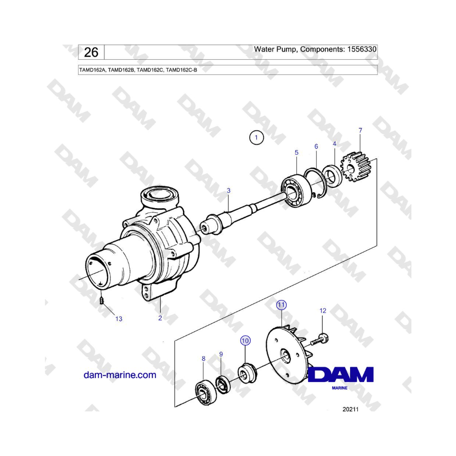 Volvo Penta TAMD162A, TAMD162B, TAMD162C, TAMD162C-B - Water Pump, Components: 1543380