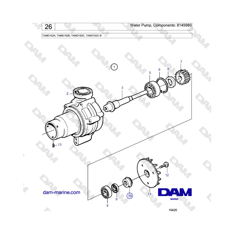 Volvo Penta TAMD162A, TAMD162B, TAMD162C, TAMD162C-B - Water Pump, Components: 1556330