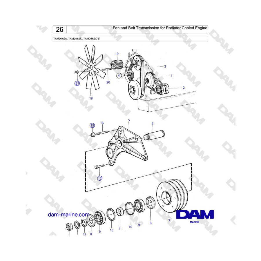 Volvo Penta TAMD162A, TAMD162C, TAMD162C-B - Fan and Belt Transmission for Radiator Cooled Engine